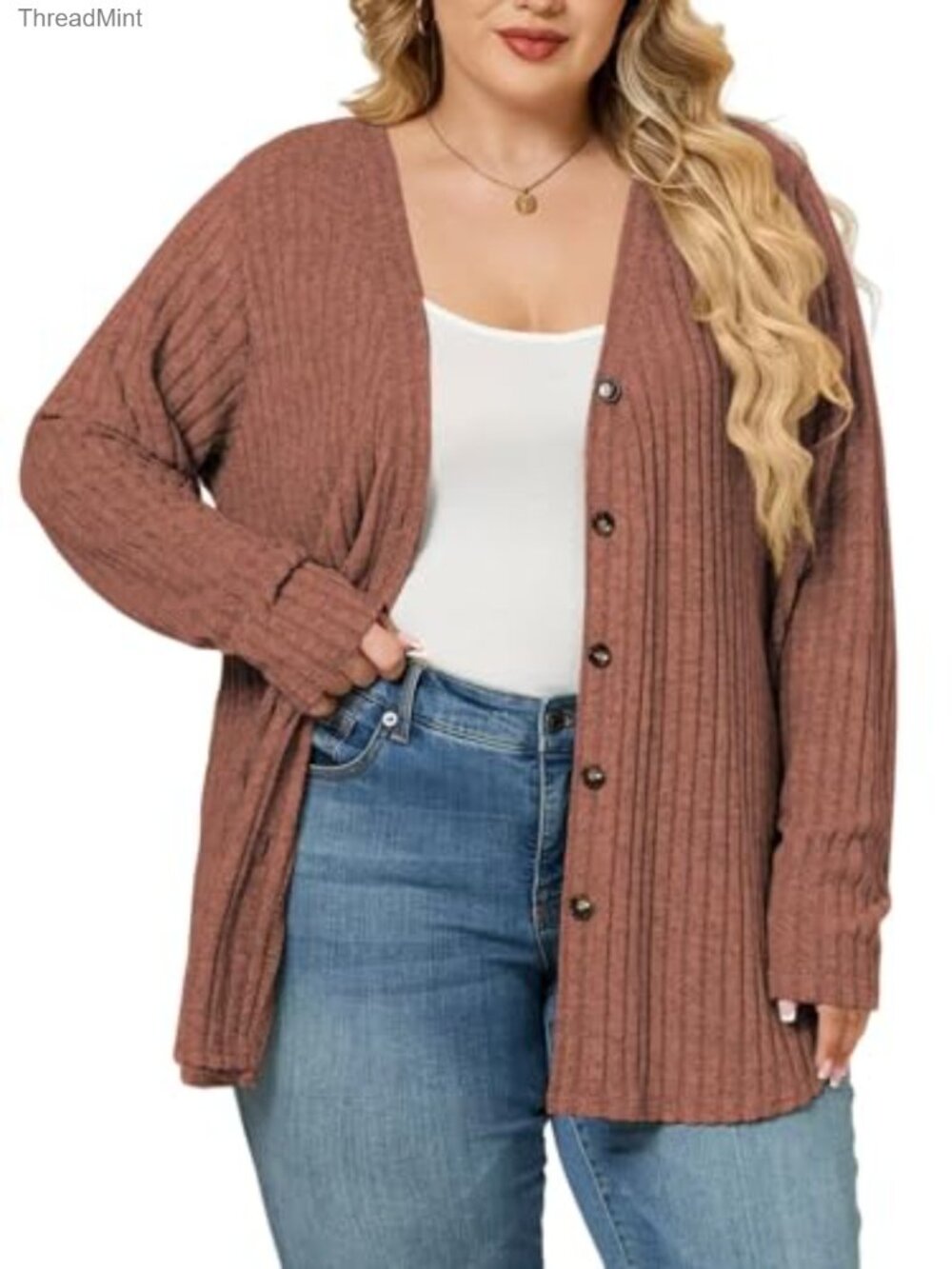 Plus Size Ribbed Knit Open Front Cardigan Lightweight Button Tunic Sweater